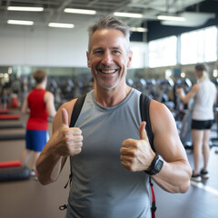 Fototapeta na wymiar Athlete showing thumbs up in the gym, looking at camera.