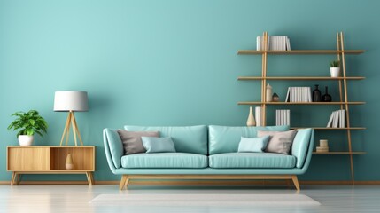 Turquoise sofa and wooden shelves near a turquoise wall. The interior design of the Scandinavian-style living room is modern and stylish. - obrazy, fototapety, plakaty