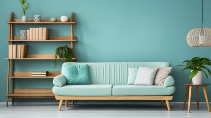 Turquoise sofa and wooden shelves near a turquoise wall. The interior design of the...