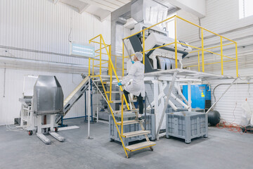 Modern electrical mill machinery for production. Operator checks finished food products wheat flour