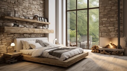 Photo of a rustic interior design of a modern bedroom Create a wide-angle lens for daylight white light.