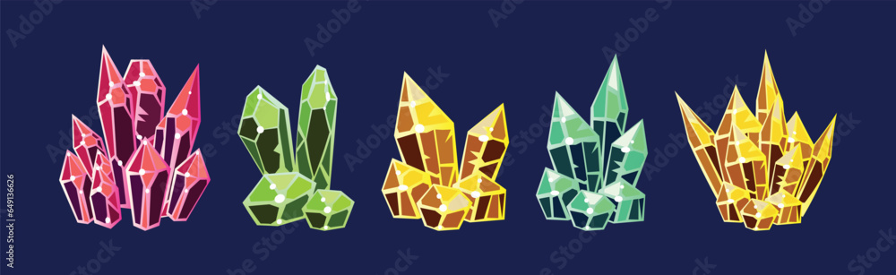 Poster crystal gems and minerals with shiny facet vector set