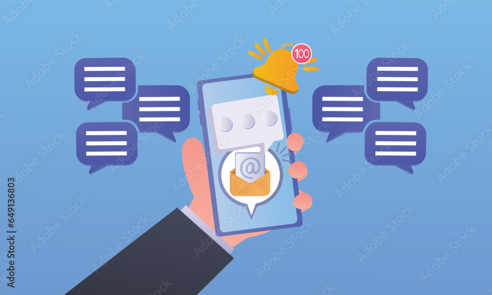 Poster hand holding a cell phone with a message smartphone notification form.on blue background.vector desi