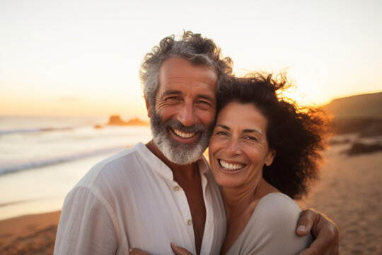 Closeup Portrait Of An Senior Affectionate Mixed Race Couple Standing On The Beach And Smiling During Sunset Outdoors, Hispanic Couple Showing Love And Affection On A Romantic Date At The Beach