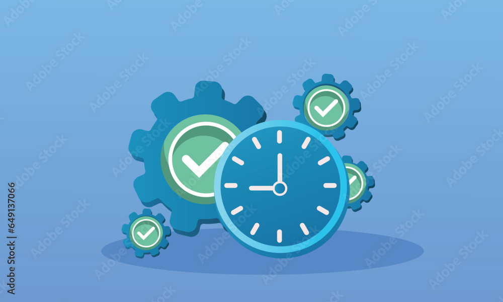 Poster cogwheel with an approval badge and an alarm clock in a scene showing a performance icon.on blue bac