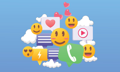 Social Media Platforms online, social media use, heart emoji concept, chat.on blue background.Vector Design Illustration.