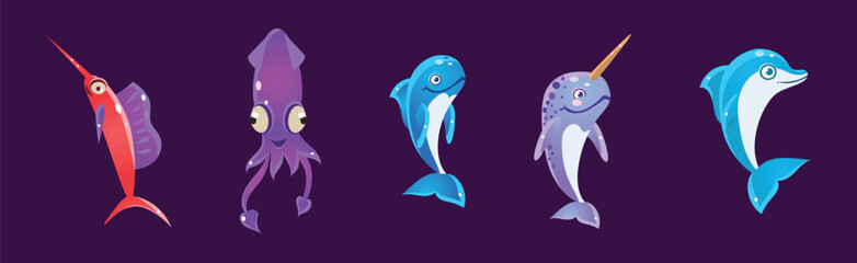 Funny Sea Animals and Underwater Creature Vector Set