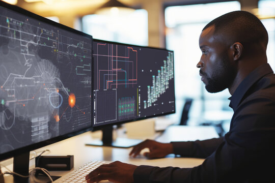 Close up stock image of an African American man working at a computer screen, He’s working on CAD software looking at the design of a solar panel array in CAD with data