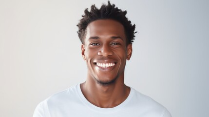 Smile of black man with perfect white teeth. On white background. - Powered by Adobe