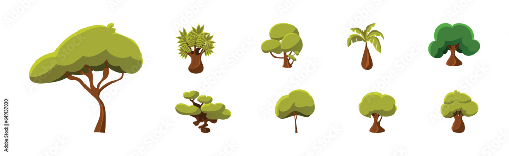 Poster deciduous trees with trunk and lush green crown vector set.