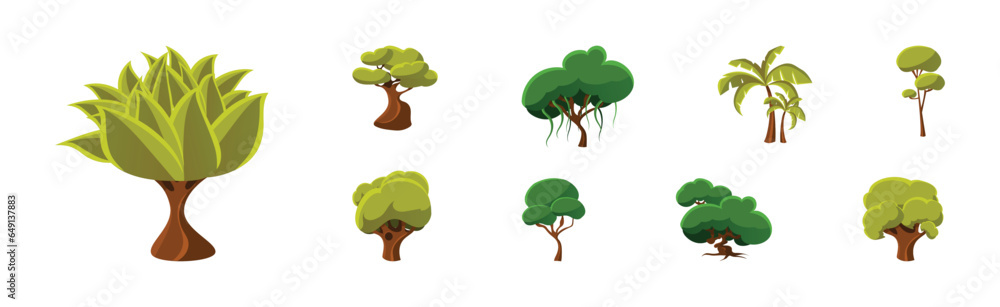 Poster deciduous trees with trunk and lush green crown vector set.