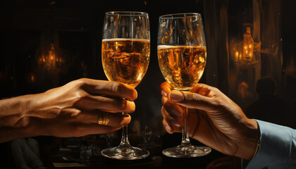people toasting with champagne,closeup on hands and glasses.