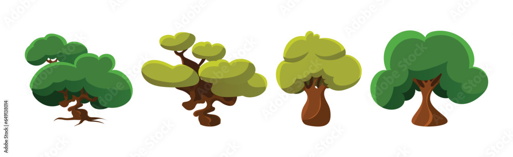 Poster deciduous trees with trunk and lush green crown vector set.
