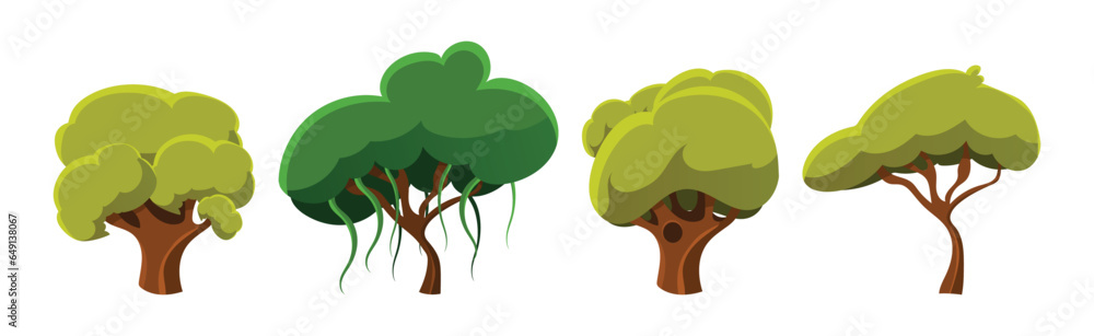 Poster deciduous trees with trunk and lush green crown vector set.