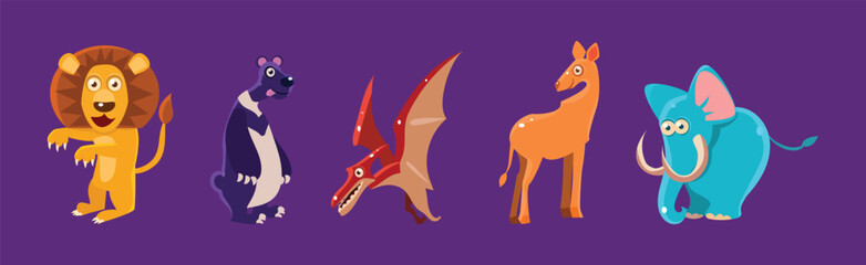Funny Ancient Animal and Zoo Fauna Vector Set