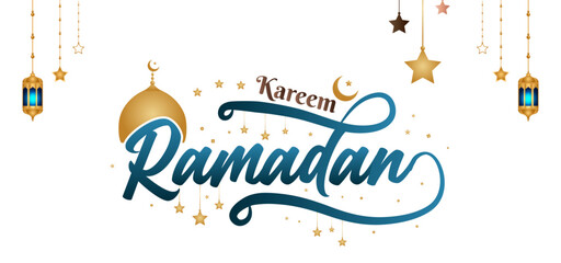 Lettering ramadan text arabic typography for marhaban ya ramadhan kareem sticker with lantern mosque transparent background clipart - obrazy, fototapety, plakaty
