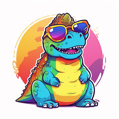 Obraz premium Watercolor funny baby dinosaur wearing sunglasses
