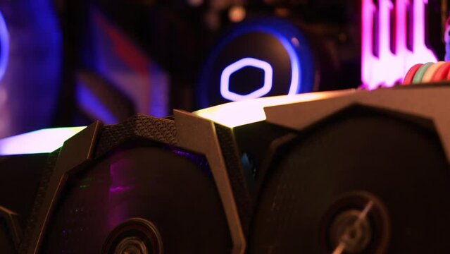 Custom gaming PC interior: refrigeration fans and LED lights.