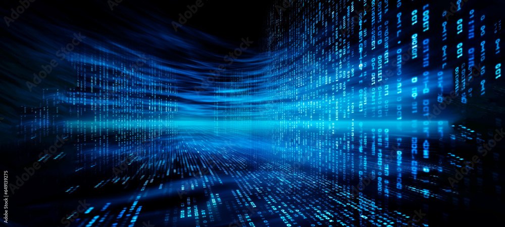 Poster banner blue digital binary data on computer screen like matrix