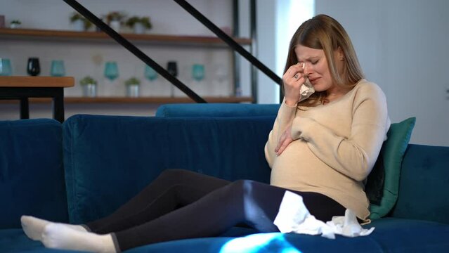 Wide shot portrait of sad pregnant woman crying sitting on couch in living room at home. Upset Caucasian beautiful young expectant indoors