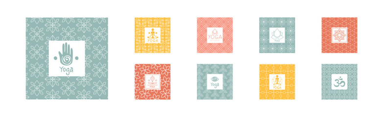 Yoga Icon and Square Emblem with Lotus Zen Symbol Vector Set
