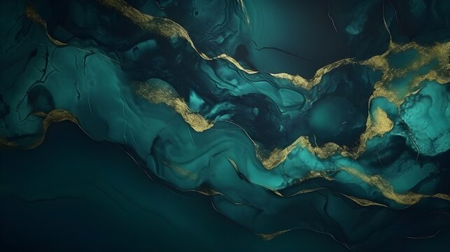Dark abstract modern marble liquid acrylic texture with trend color with golden dust. © toomi123