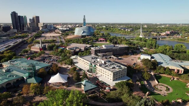 Panoramic drone shot of the Forks, Winnipeg, Manitoba, Canada