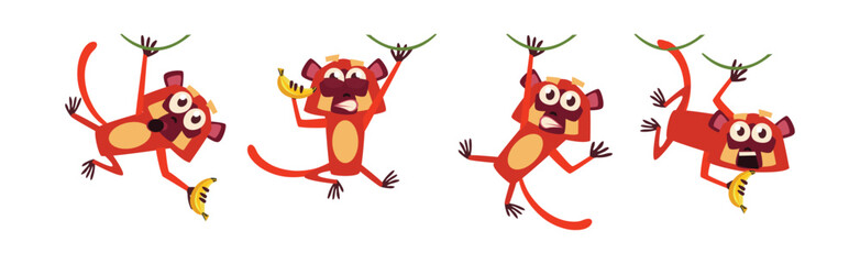 Cute Jungle Monkey Character with Long Tail and Big Eyes Vector Set
