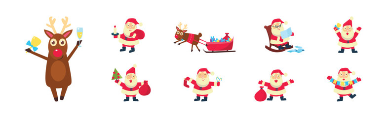 Santa Claus Character in Red Hat and Reindeer Greeting with Merry Christmas Vector Set