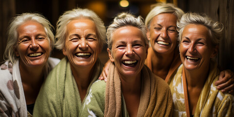Invigorating scene of joyful mature women, bonding in rustic sauna with face masks - symbol of wellness, lighthearted ageless beauty and rejuvenation. - obrazy, fototapety, plakaty