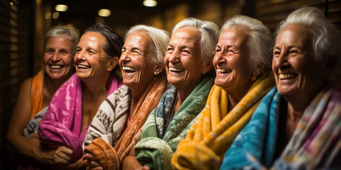 Fotobehang Spa Delightful moment of mature women in towels, joyfully applying facial masks in a rustic sauna with plain wooden background. Perfect for wellness and ageless beauty concepts.