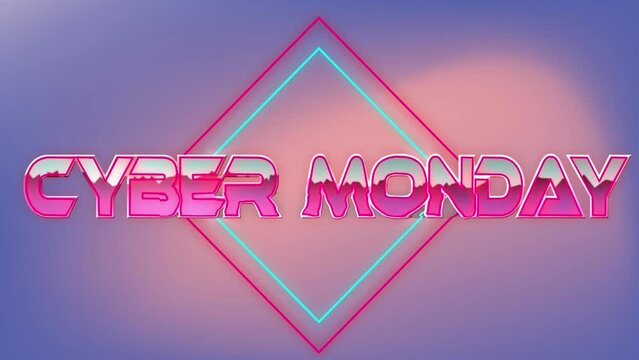 Animation of cyber monday text over neon lines on pink to purple background