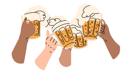 Four human hands with large mugs of foamy beer are extended for a toast. Celebrating a holiday, relaxing on the weekend with friends at the pub. Vector illustration isolated on white background.
