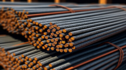 Steel rods for reinforcing concrete in the warehouse - obrazy, fototapety, plakaty