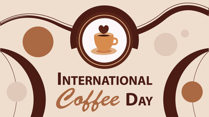 International Coffee Day vector banner design with geometric shapes and vibrant colors on a horizontal background. Happy International Coffee Day modern minimal poster.