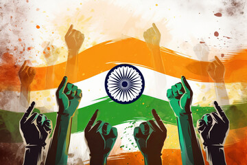 India flag bokeh background with Victory symbol, Generative AI