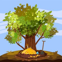 Treasure pile under oak tree, full of treasures, gold coins, Digging Hole in the ground, © hadeev
