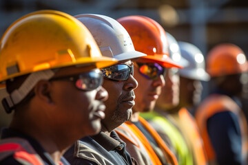 Close up of group of multi-ethnic construction workers wearing hard hats and safety glasses - obrazy, fototapety, plakaty