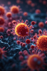 Obraz na płótnie Canvas Close-up virus cells like Covid19. Microbiology concept. Disease germ or pathogen organism. Image created using artificial intelligence.