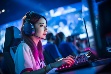 Female gamer in front of a computer, illustration for esports and gaming