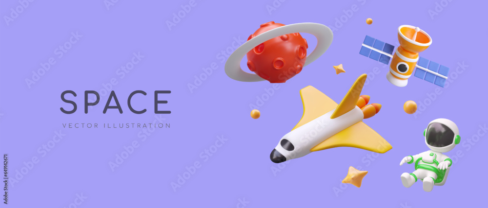 Poster banner with space objects on purple background. astronaut in open space, shuttle, satellite, planet,