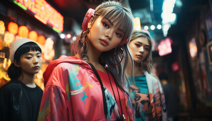 japanese girls manga style clothes in tokyo disco enjoying the city.