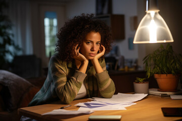 Close up of a mid adult woman checking her energy bills at home, sitting in her living room, She has a worried expression - obrazy, fototapety, plakaty