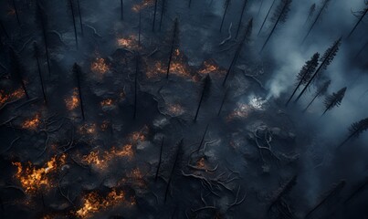 forest fires from a bird eye view, ai generative