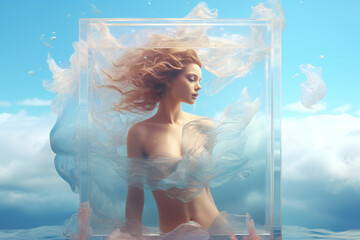 Woman in White Dress Inside a Glass Cube: Heavenly Background with Windswept Elegance—Perfect for Ethereal and Fantasy Themes