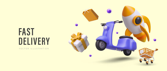Express delivery. Fast transportation of orders, goods. Store courier service. Vector banner in yellow and purple colors. 3D scooter rushes with speed of rocket - obrazy, fototapety, plakaty