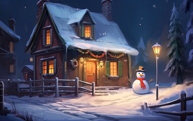 Christmas night, Christmas home decoration, Christmas wreath on the door in winter and snowman, Christmas greeting card, art illustration painted, generative ai.