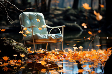 A shabby old rocking chair stands in a pond in the park in Autumn, surrounded by golden falling leaves