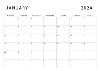 January 2024 calendar. Monday start. Monthly planner template. Vector design