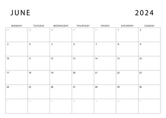 June 2024 calendar. Monday start. Monthly planner template. Vector design